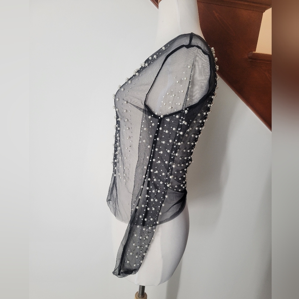 Mesh Sheer Black with Pearl Embelished Long Sleeve Blouse Top Size S - Picture 2 of 3